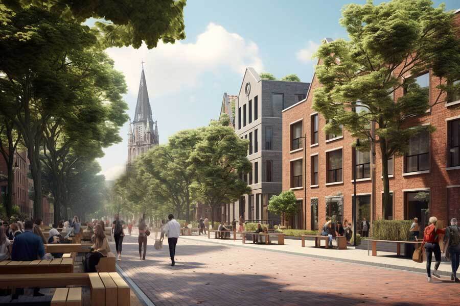 Sfeerbeeld binnenstad Sittard gegenereerd met AI (Midjourney) uit het ambitiedocument Limburg Centraal